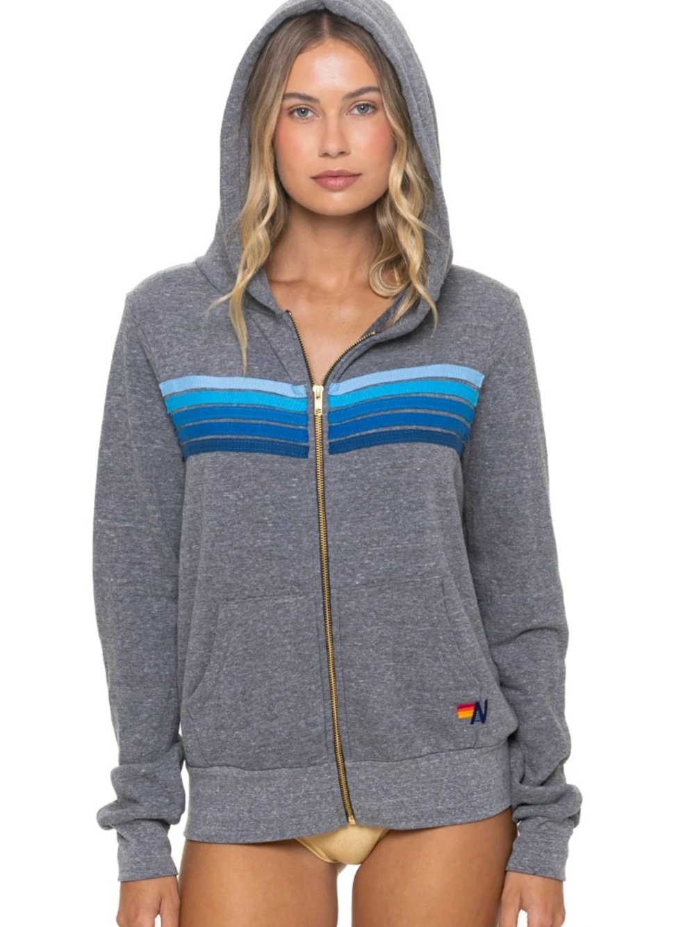 Aviator Nation 5 Stripe Hoodie in Heather & Blue Size L